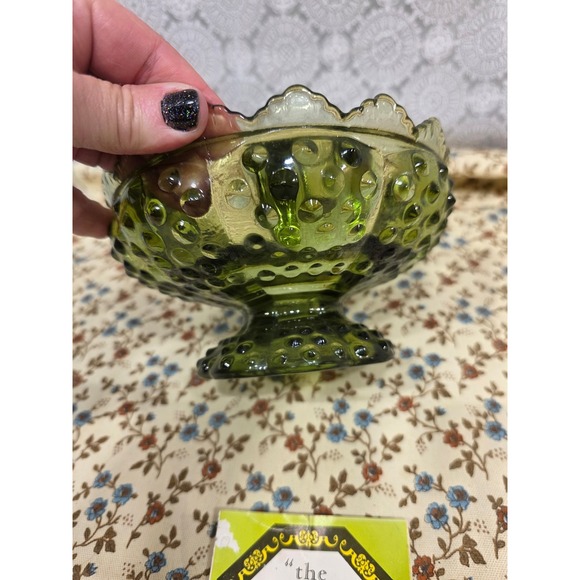 Vintage Fenton Green‎ Glass Candle Bowl Compote Dish with Original Label - Picture 4 of 6